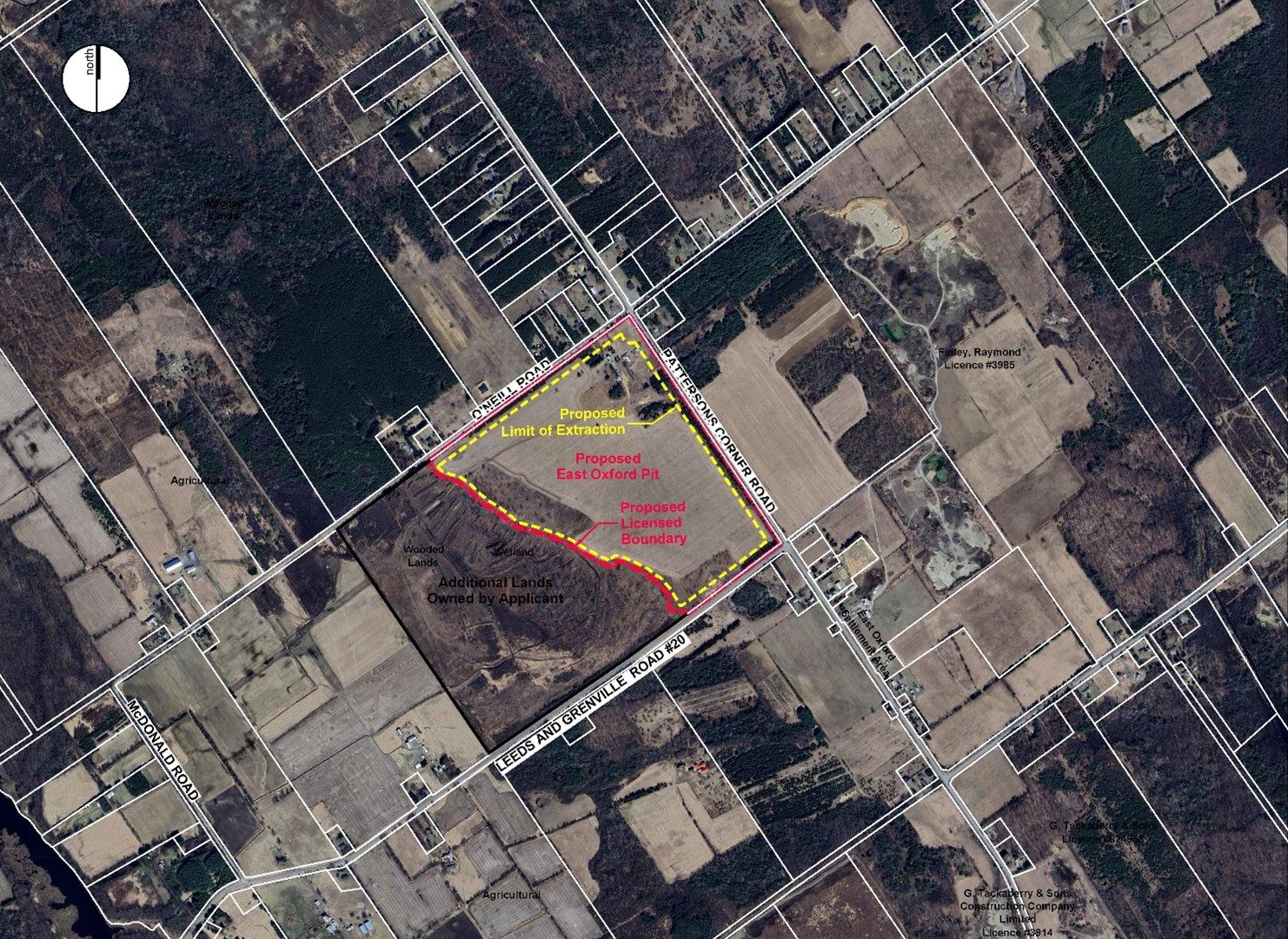 Aerial map of the proposed licence boundary at O’Neill Road and Pattersons Corners Road, with County Road 20 to the south