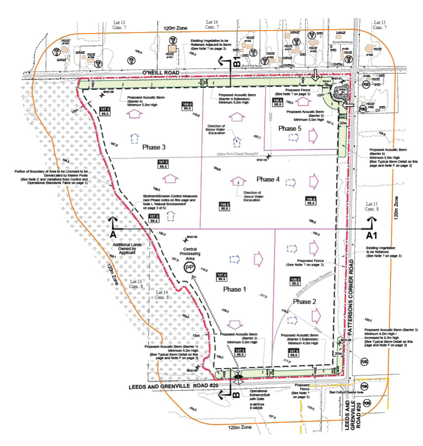 Extraction phasing plan showing phases 1 to 5 inside the licence boundary, with County Road 20 along the south edge